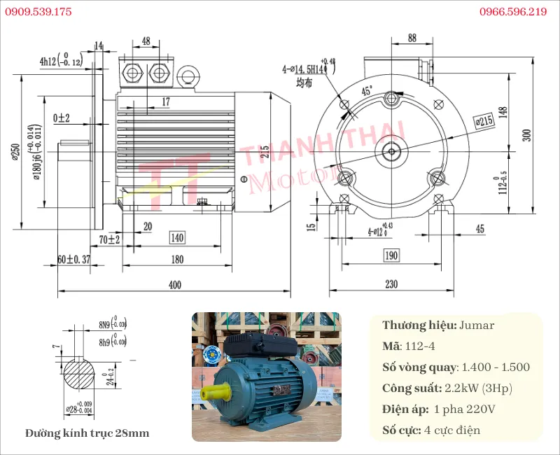 Bản vẽ và thông số kỹ thuật của động cơ điện 1 pha 2.2kW 3Hp 4 cực