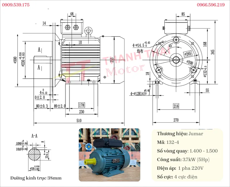 Drawing and technical specifications of the 4-pole 1-phase electric motor 3.7kW 5Hp