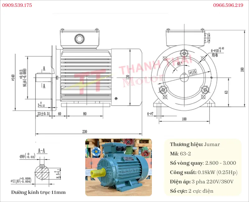 Bản vẽ và thông số kỹ thuật của động cơ điện 3 pha 0.18kW 0.25Hp 2 cực