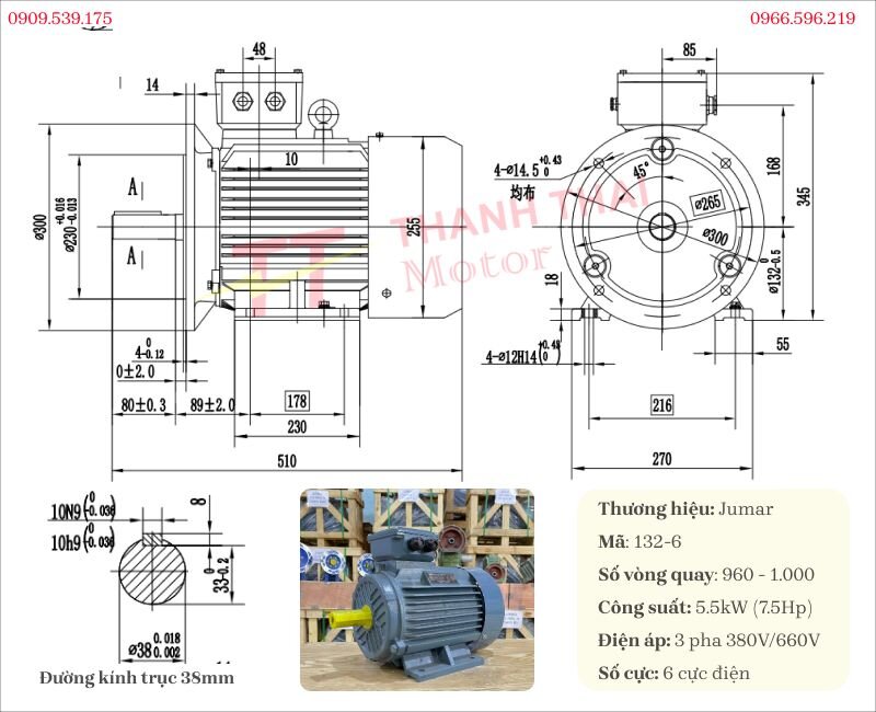 Bản vẽ và thông số kỹ thuật động cơ điện 3 pha 5.5kW 7.5Hp 6cực