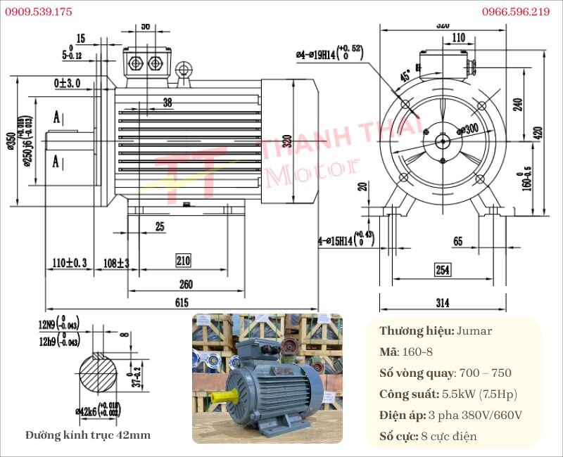 Bản vẽ và thông số kỹ thuật động cơ điện 3 pha 5.5kW 7.5Hp 8cực