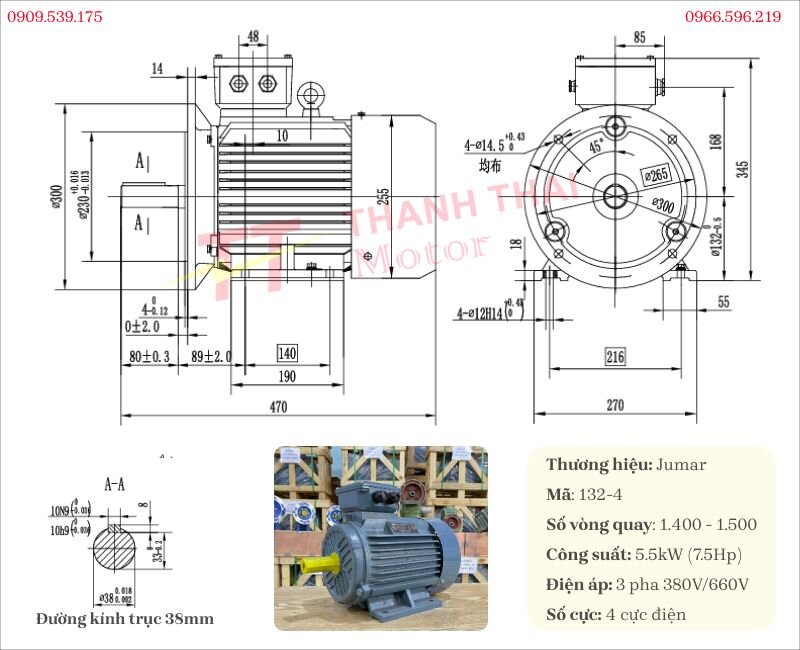Bản vẽ và thông số kỹ thuật động cơ điện 3 pha 5.5kW 7.5Hp 4 cực