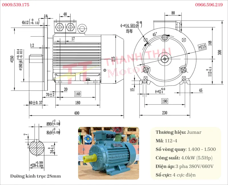 Drawing and technical specifications of 3-phase electric motor 4kW 5.5Hp 4-pole