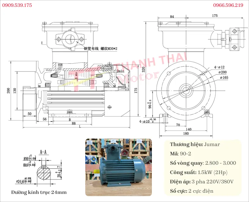 Bản vẽ và thông số kỹ thuật động cơ phòng nổ 1.5kW 2Hp 2 cực