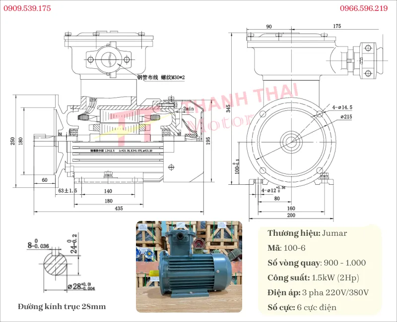 Bản vẽ và thông số kỹ thuật động cơ phòng nổ 1.5kW 2Hp 6 cực