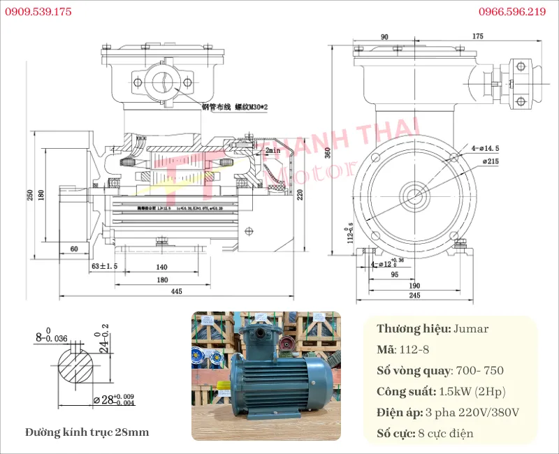 Bản vẽ và thông số kỹ thuật động cơ phòng nổ 1.5kW 2Hp 8 cực