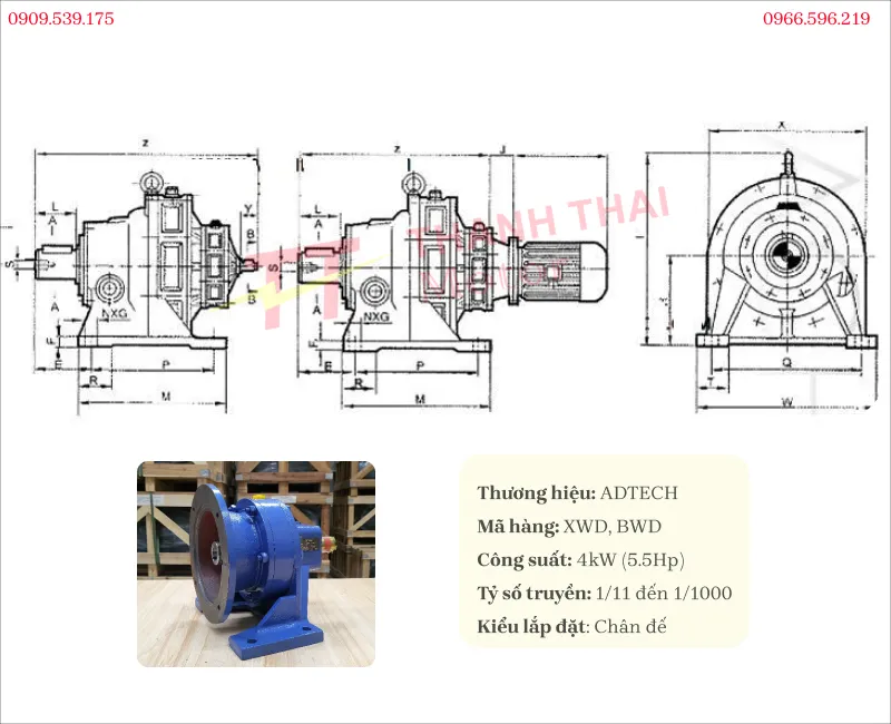 Drawing and technical specifications of foot-mounted Heavy Duty Cycloidal Gear Motor 4kW 5.5Hp