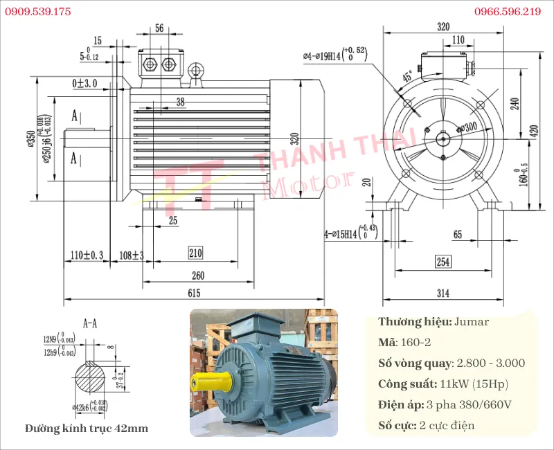 Bản vẽ và thông số kỹ thuật của motor biến tần 3 pha 11kW 15Hp 2 cực