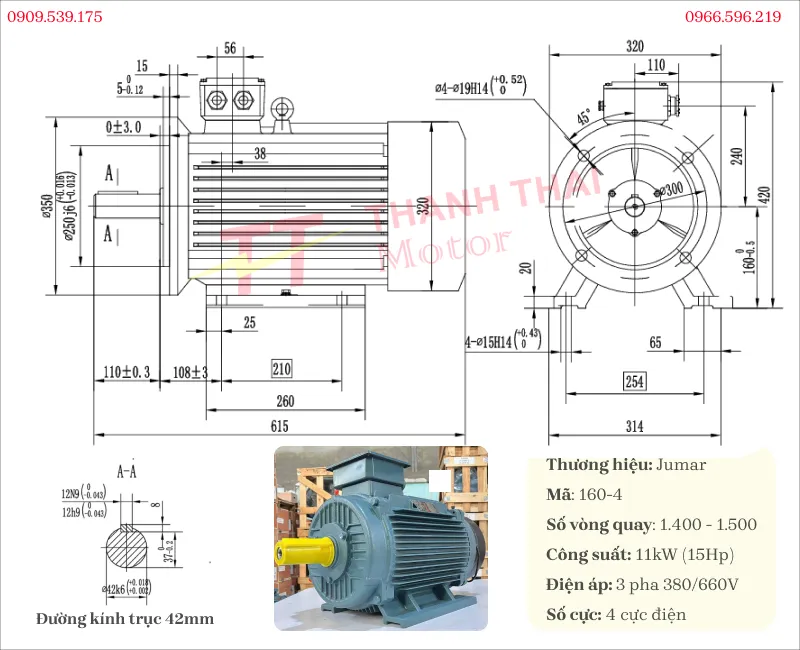 Bản vẽ và thông số kỹ thuật của motor biến tần 3 pha 11kW 15Hp 4 cực