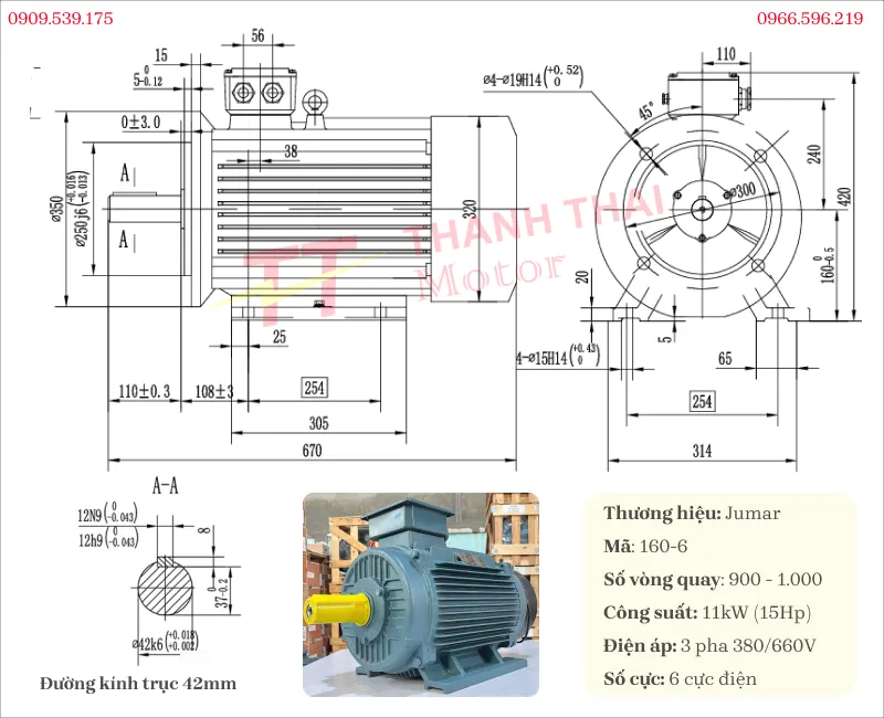 Bản vẽ và thông số kỹ thuật của motor biến tần 3 pha 11kW 15Hp 6 cực