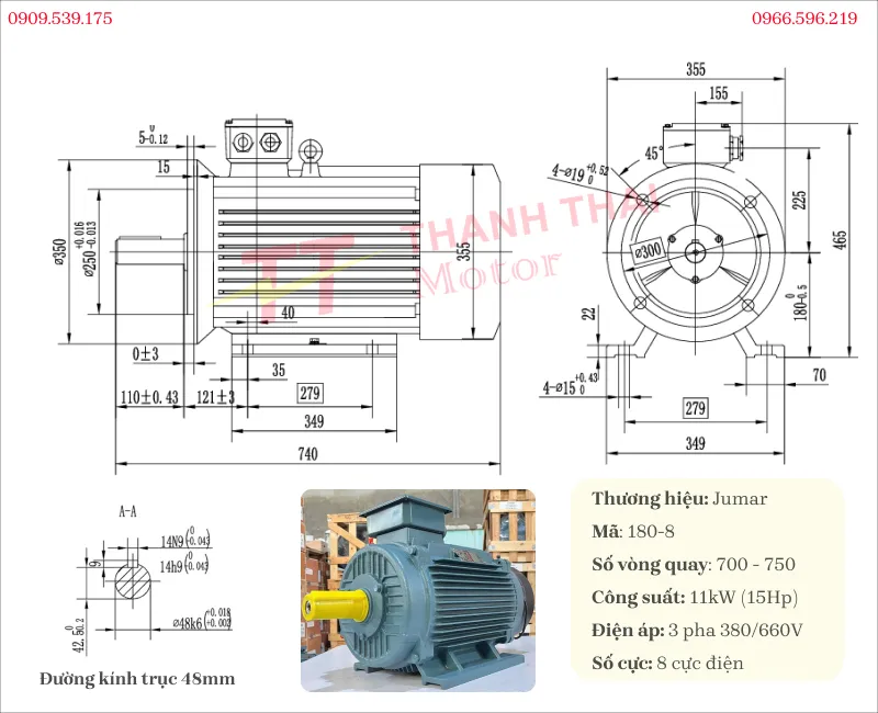 Bản vẽ và thông số kỹ thuật của motor biến tần 3 pha 11kW 15Hp 8 cực