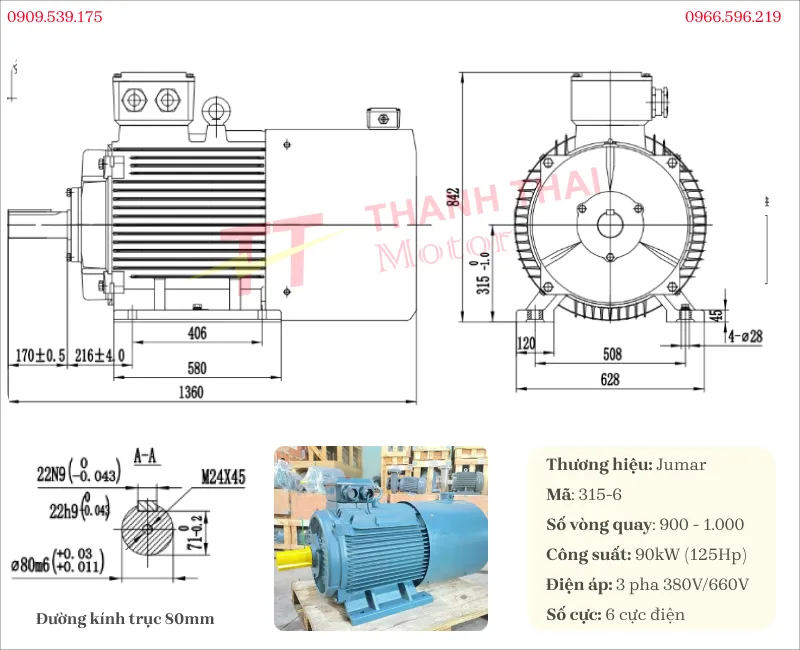 Drawing and technical specifications of the 3-Phase Inverter Duty Motor 90kW 125Hp 6-pole