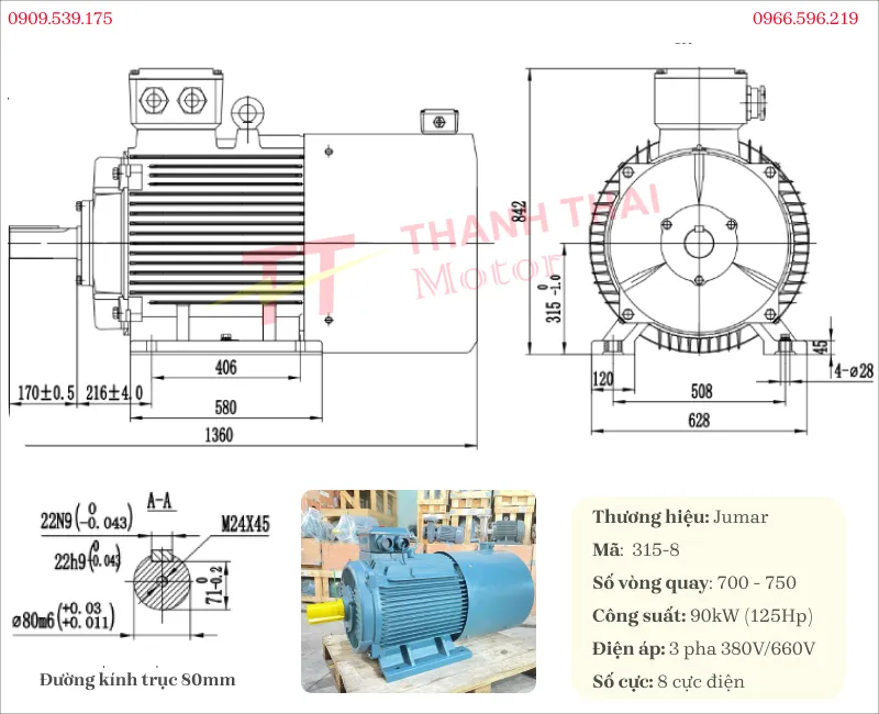 Drawing and technical specifications of the 3-Phase Inverter Duty Motor 90kW 125Hp 8-pole