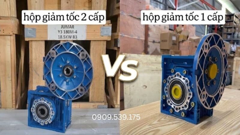 Hình ảnh so sánh hộp giảm tốc 1 cấp và 2 cấp.