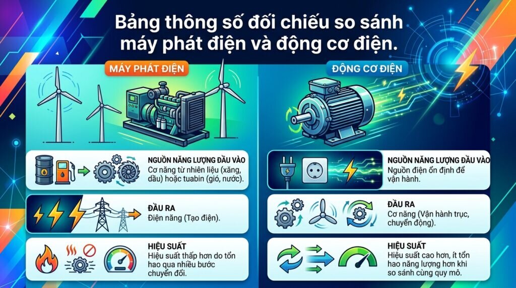 Bảng thông số đối chiếu so sánh máy phát điện và động cơ điện.