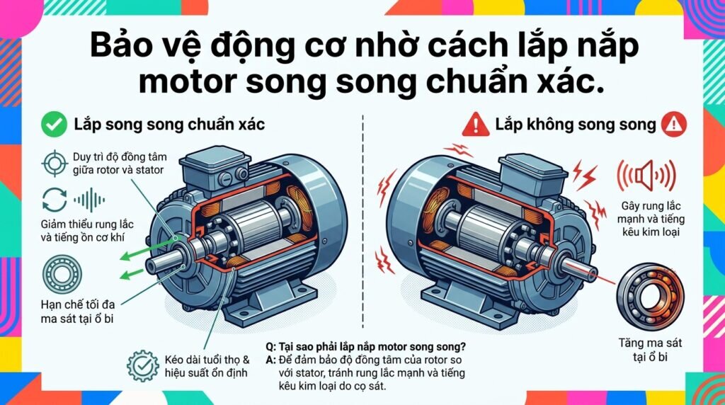 Bảo vệ động cơ nhờ cách lắp nắp motor song song chuẩn xác.