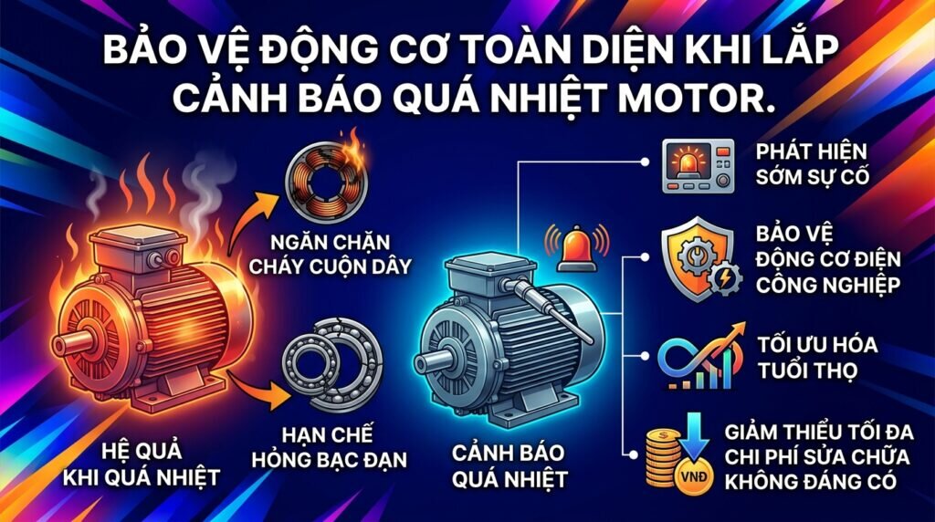 Bảo vệ động cơ toàn diện khi lắp cảnh báo quá nhiệt motor.