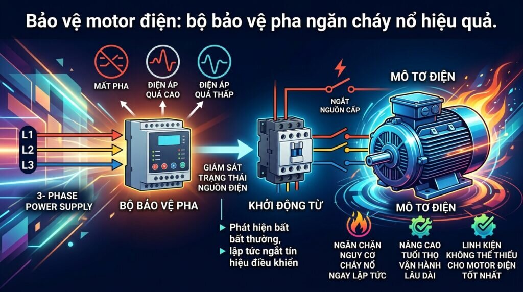 Bảo vệ motor điện: bộ bảo vệ pha ngăn cháy nổ hiệu quả.
