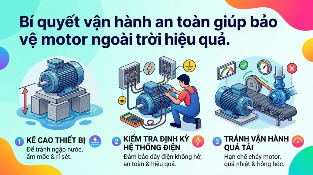 Bí quyết vận hành an toàn giúp bảo vệ motor ngoài trời hiệu quả.