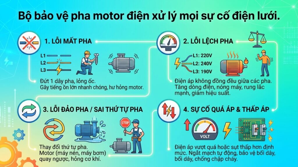 Bộ bảo vệ pha motor điện xử lý mọi sự cố điện lưới.