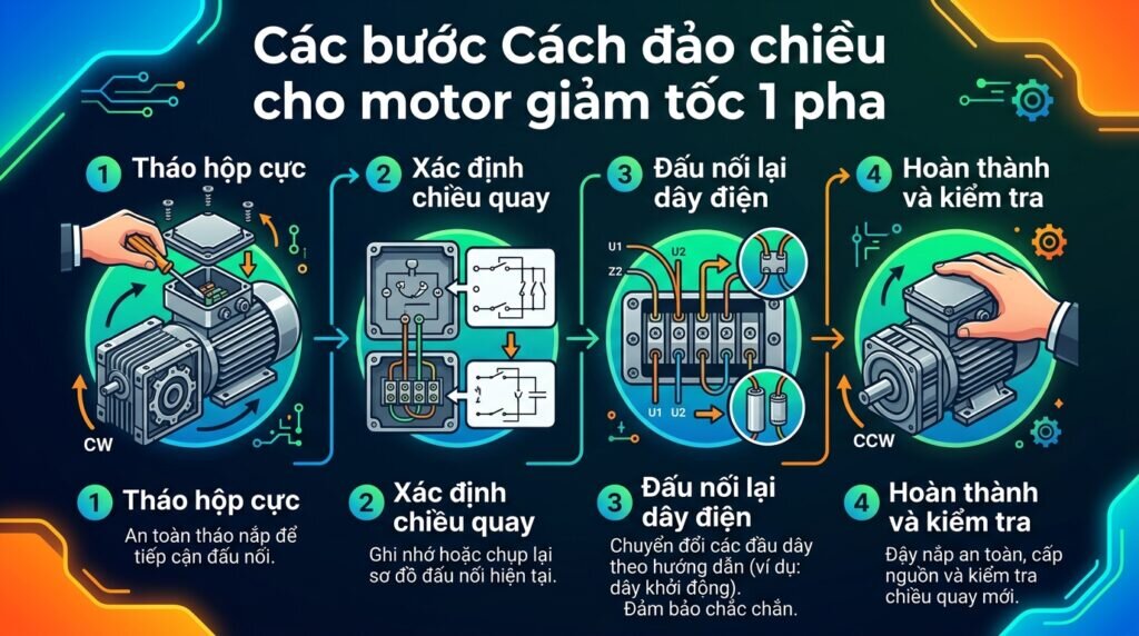 Các bước Cách đảo chiều cho motor giảm tốc 1 pha