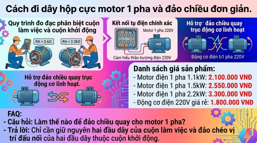 Cách đi dây hộp cực motor 1 pha và đảo chiều đơn giản.