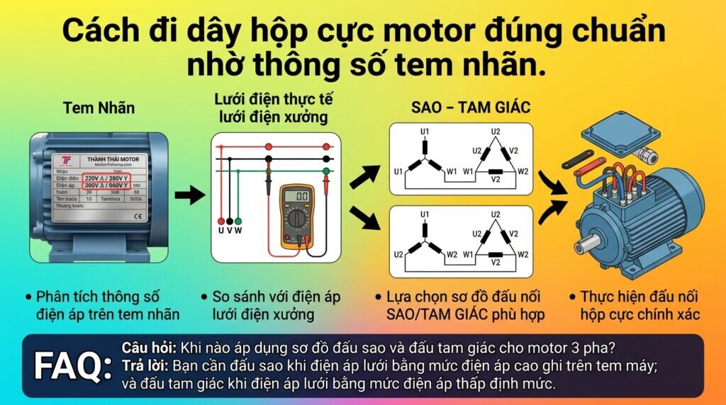 Cách đi dây hộp cực motor đúng chuẩn nhờ thông số tem nhãn.