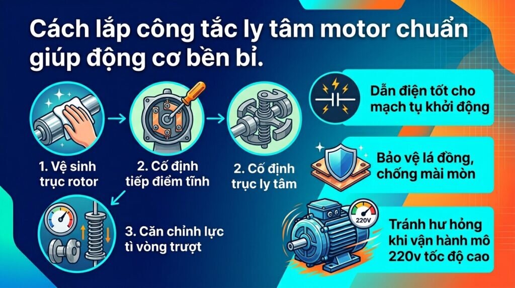 Cách lắp công tắc ly tâm motor chuẩn giúp động cơ bền bỉ.