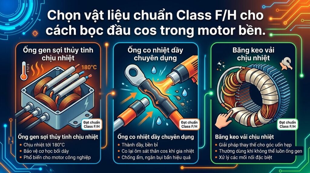 Chọn vật liệu chuẩn Class F/H cho cách bọc đầu cos trong motor bền.