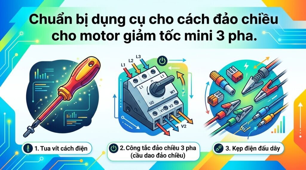 Chuẩn bị dụng cụ cho cách đảo chiều cho motor giảm tốc mini 3 pha.