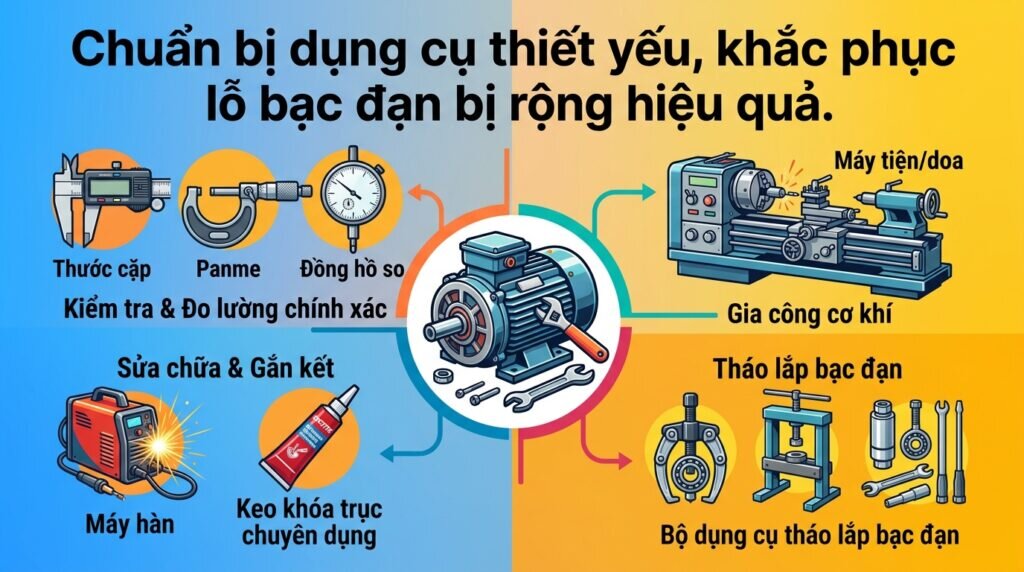 Chuẩn bị dụng cụ thiết yếu, khắc phục lỗ bạc đạn bị rộng hiệu quả.