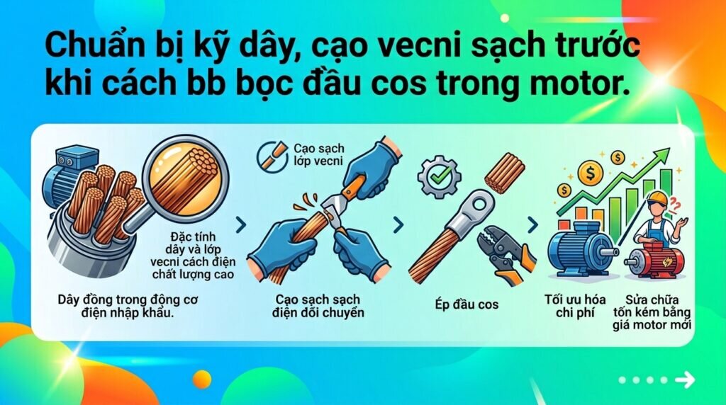 Chuẩn bị kỹ dây, cạo vecni sạch trước khi cách bọc đầu cos trong motor.