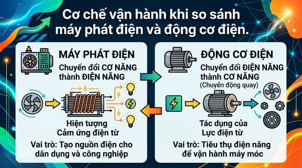 Cơ chế vận hành khi so sánh máy phát điện và động cơ điện.