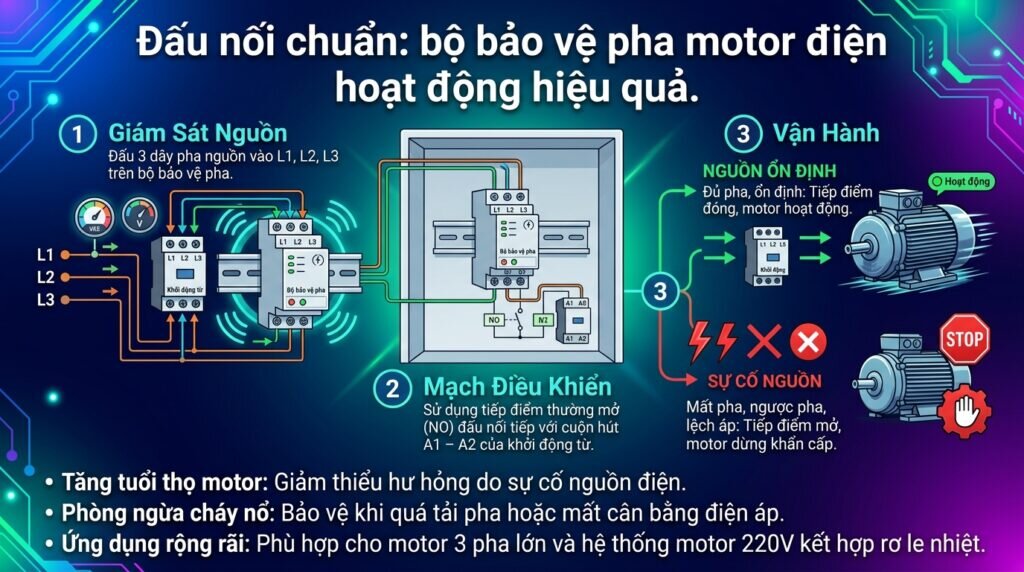 Đấu nối chuẩn: bộ bảo vệ pha motor điện hoạt động hiệu quả.