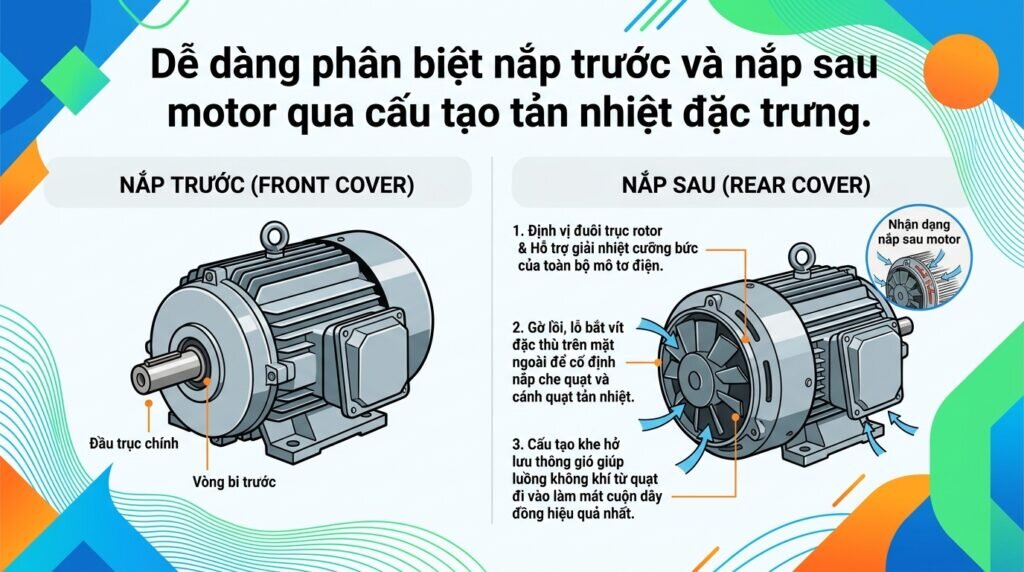 Dễ dàng phân biệt nắp trước và nắp sau motor qua cấu tạo tản nhiệt đặc trưng.