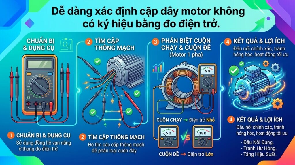 Dễ dàng xác định cặp dây motor không có ký hiệu bằng đo điện trở.