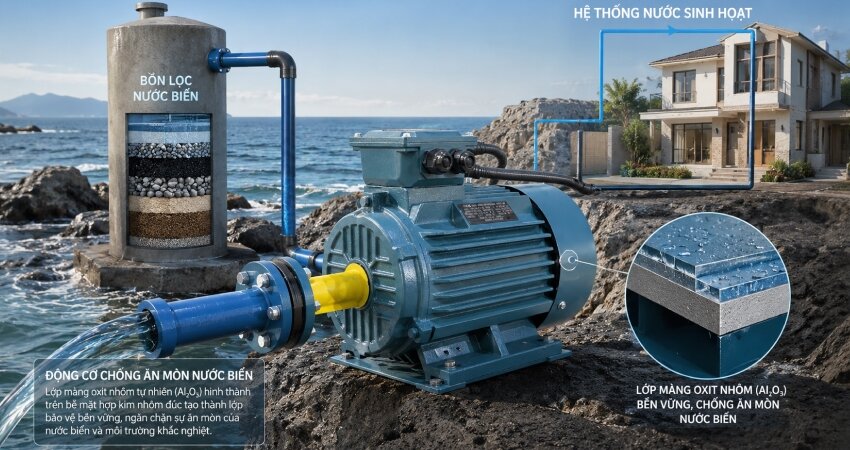 Những ưu thế đặc biệt từ động cơ điện vỏ nhôm có khả năng chịu mặn và chống chọi lại được với môi trường biển