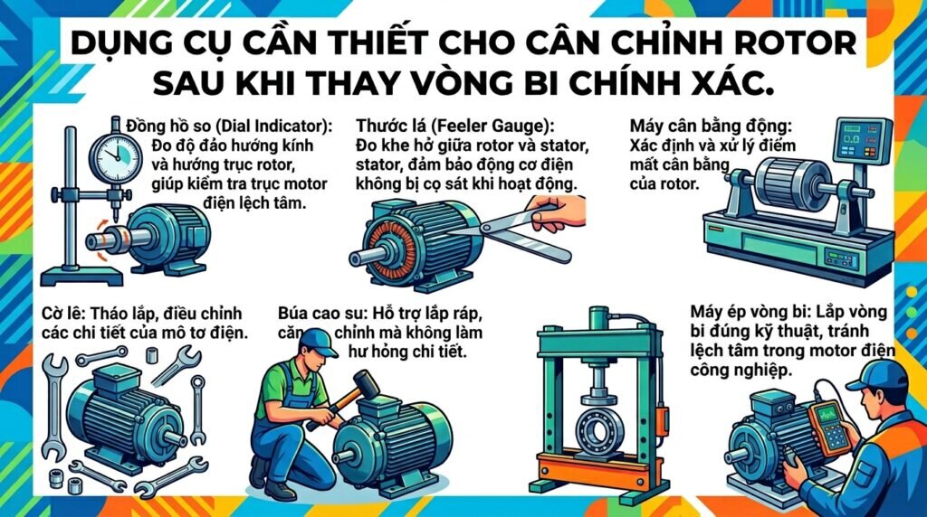 Dụng cụ cần thiết cho cân chỉnh rotor sau khi thay vòng bi chính xác.