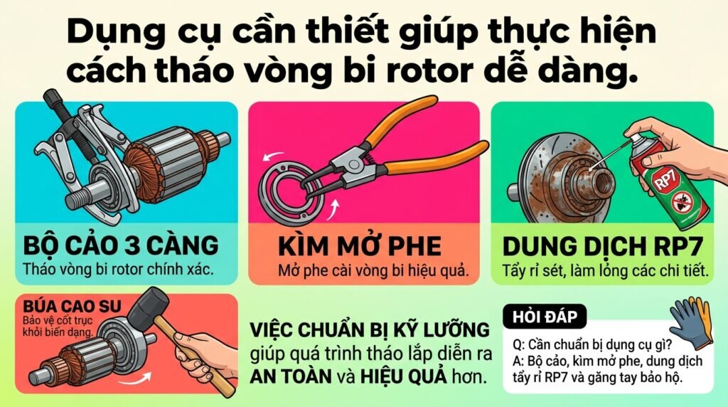 Dụng cụ cần thiết giúp thực hiện cách tháo vòng bi rotor dễ dàng.
