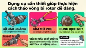 Dụng cụ cần thiết giúp thực hiện cách tháo vòng bi rotor dễ dàng.