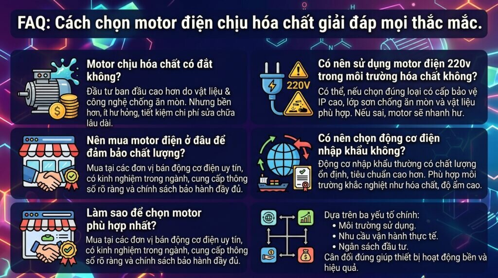 FAQ: Cách chọn motor điện chịu hóa chất giải đáp mọi thắc mắc.