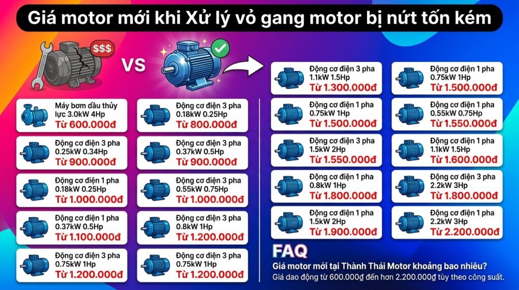 Giá motor mới khi Xử lý vỏ gang motor bị nứt tốn kém