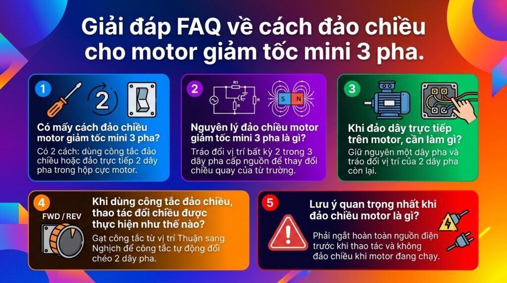 Giải đáp FAQ về cách đảo chiều cho motor giảm tốc mini 3 pha.