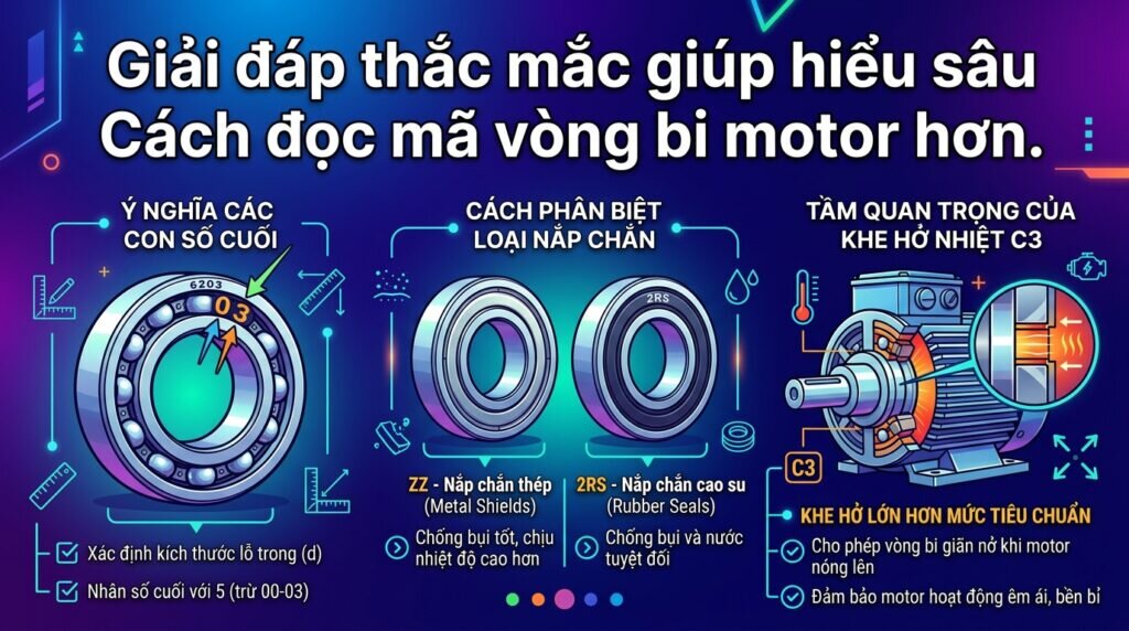 Giải đáp thắc mắc giúp hiểu sâu Cách đọc mã vòng bi motor hơn.