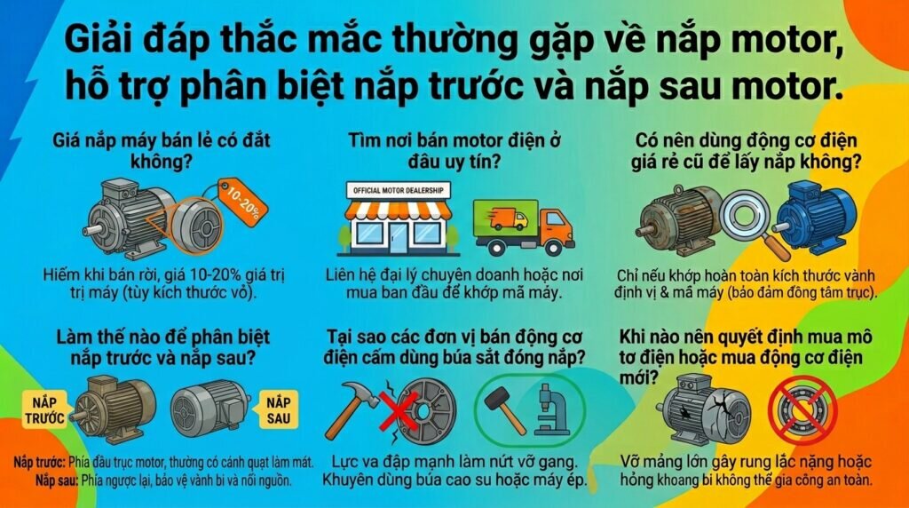 Giải đáp thắc mắc thường gặp về nắp motor, hỗ trợ phân biệt nắp trước và nắp sau motor.