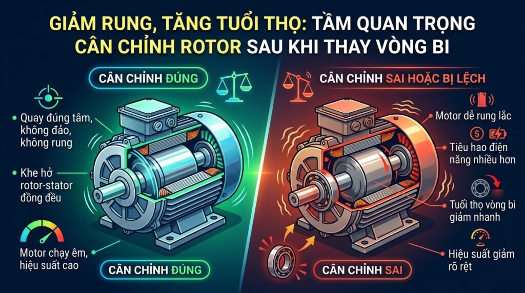 Giảm rung, tăng tuổi thọ: tầm quan trọng cân chỉnh rotor sau khi thay vòng bi.