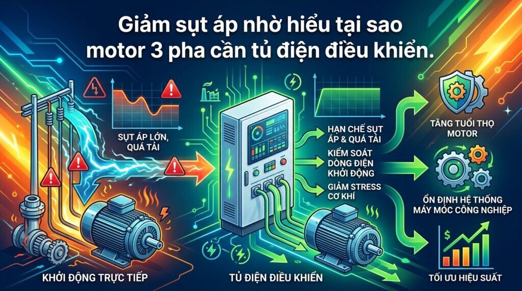 Giảm sụt áp nhờ hiểu tại sao motor 3 pha cần tủ điện điều khiển.