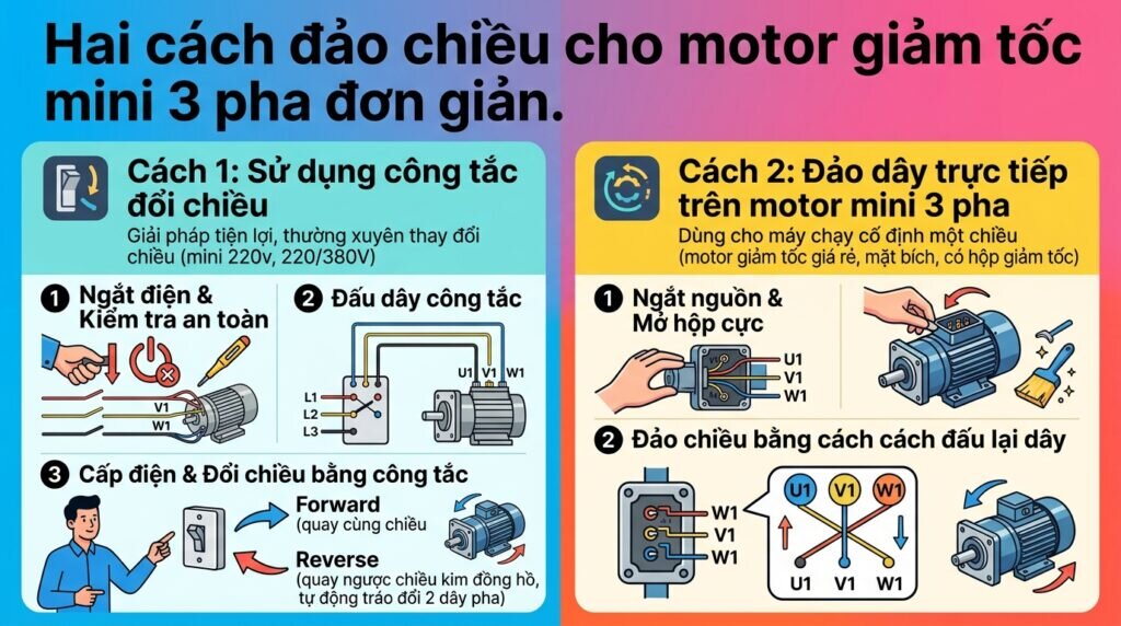 Hai cách đảo chiều cho motor giảm tốc mini 3 pha đơn giản.