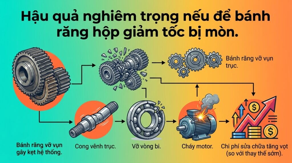Hậu quả nghiêm trọng nếu để bánh răng hộp giảm tốc bị mòn.