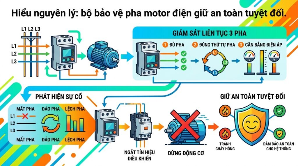 Hiểu nguyên lý: bộ bảo vệ pha motor điện giữ an toàn tuyệt đối.